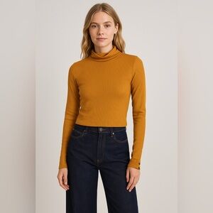 Active USA Ribbed Mock Neck Button Cuff Top Marigold sz Small